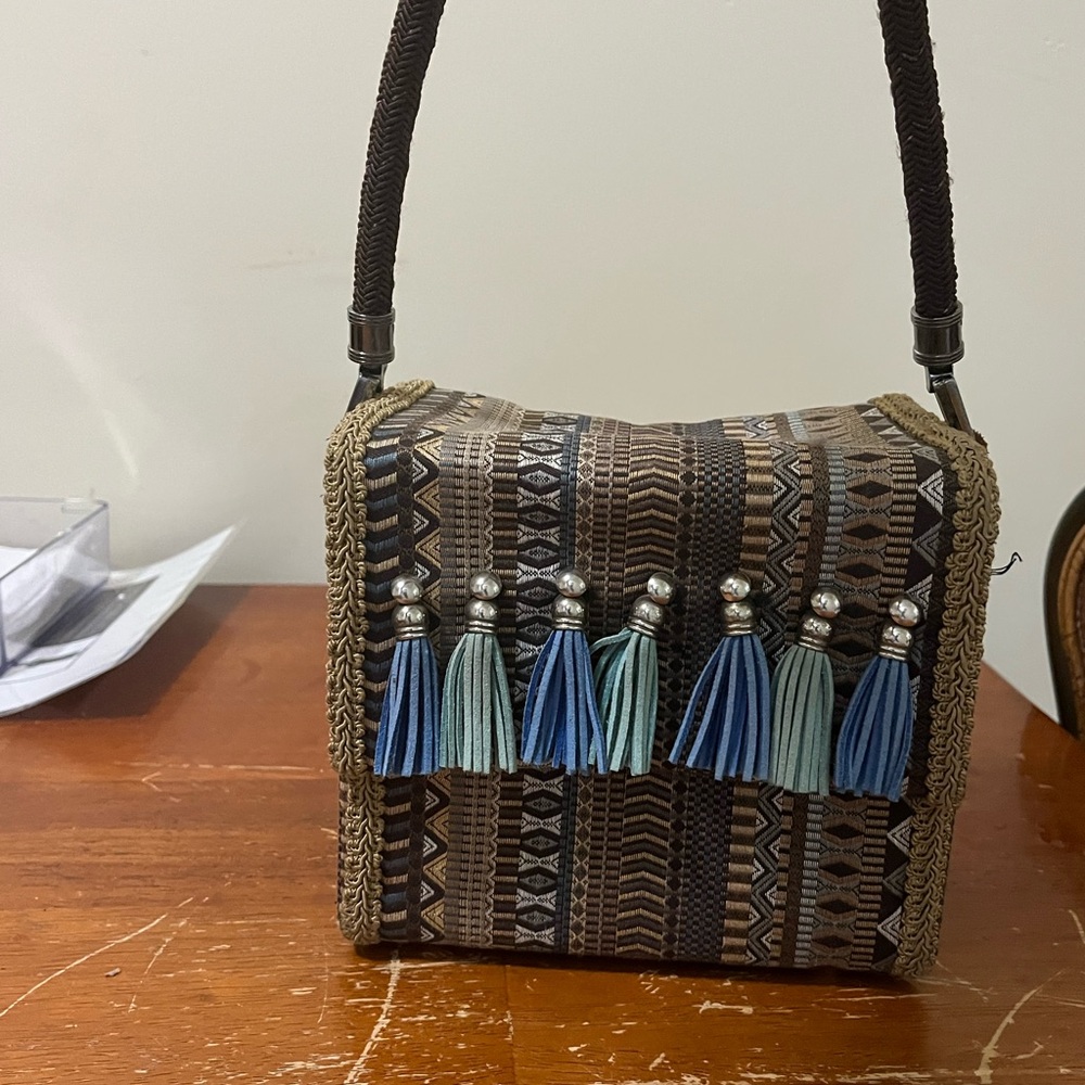 Not Sisters Two Tapestry Fabric Box Bag W/Leather Tassels Purse